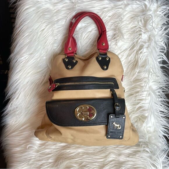 EMMA FOX Large tan black red leather Satchel  fold over Handbag no‎ strap - Picture 1 of 12